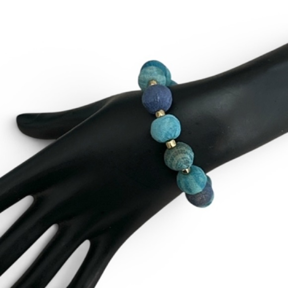 World Finds Kantha Bauble Bracelet in Azure Blues Upcycled Sari Fabric